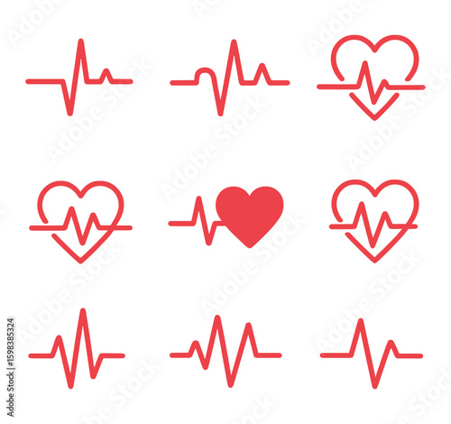 Heart rate monitor icons collection with electrocardiogram lines, heart symbols, and health indicators. Minimal red line style for medical, cardiology, and healthcare themes.