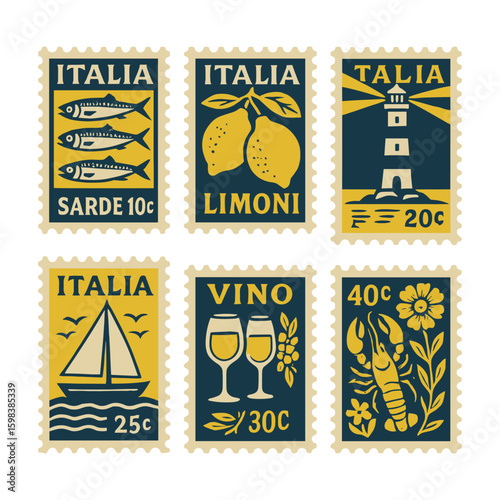Vintage Italian stamps with dual-tone artwork of sardines, lemons, lighthouse, wine, sailboat, and seafood. Elegant retro design for themes of travel, food, and culture.