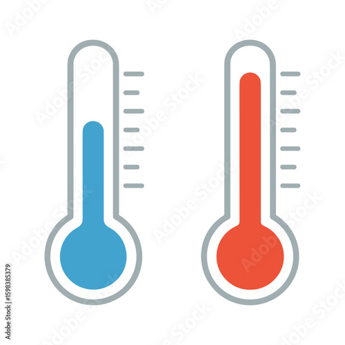 Hot and cold temperature thermometers with red and blue fluid levels. Flat vector illustration of temperature measurement and weather symbols.