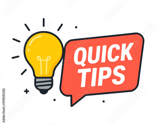 Quick tips label with glowing light bulb. Flat vector concept for advice, idea, help, useful tricks or guidance.