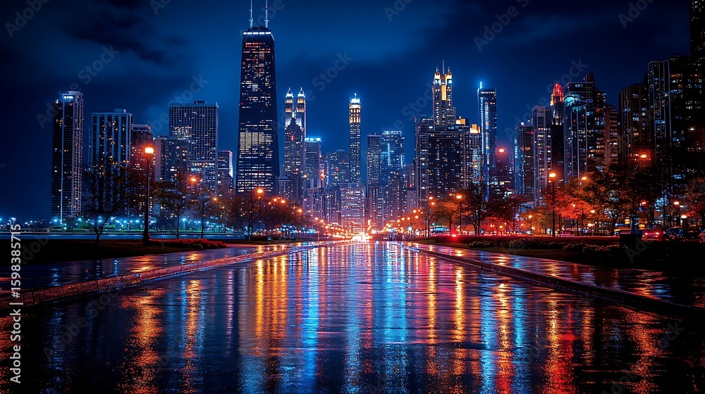 Fototapeta premium Colorful city skyline reflected in a wet street at night.