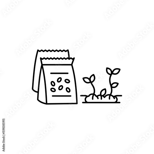 Thin linear icon of seed packets and emerging sprouts