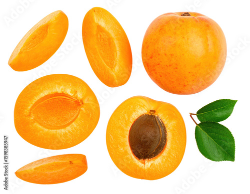 Ripe apricots whole, halved, quartered and sliced with leaves on transparent background