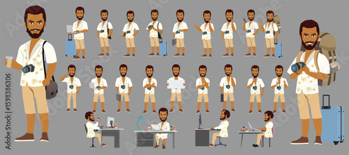 Traveler character model sheet, Character poses, expressions, Walk cycle, Run cycle animated character sequences.
