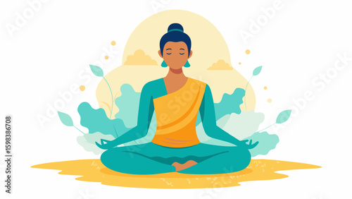 A loose watercolor sketch of a person meditating their face serene and peaceful as they capture a moment of inner calm.. Vector illustration