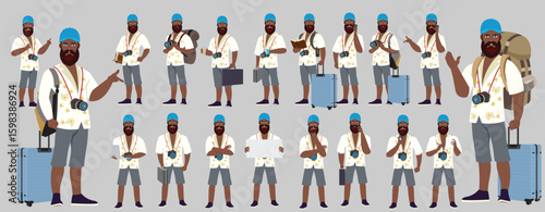 Traveler character model sheet, Character poses, expressions, Walk cycle, Run cycle animated character sequences.