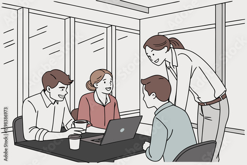 Four professionals collaborating in a modern office—diverse team discussing ideas in a bright, open workspace with natural light and contemporary design.