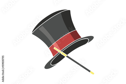 Classic black magician s top hat with a red ribbon and a magic wand emerging from it isolated on white background silhouette