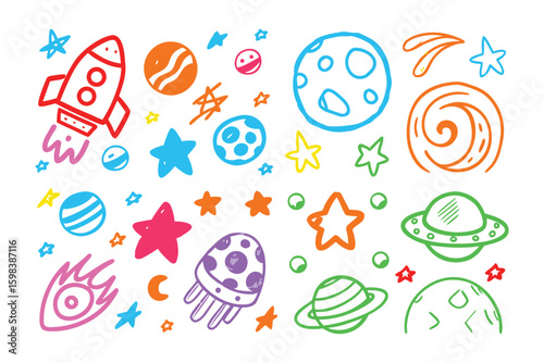 Cosmic Doodle: A vibrant and whimsical collection of hand-drawn space-themed illustrations, bringing a touch of the cosmos to life with playful energy and creative charm.