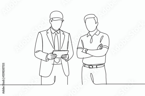 Two men in professional attire standing together on a white background