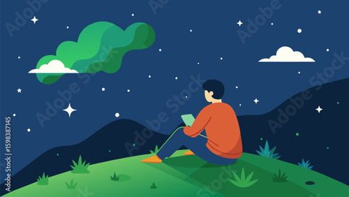 A lone figure sitting on a grassy hill surrounded by ling stars diligently drawing and mapping out the constellations above.. Vector illustration