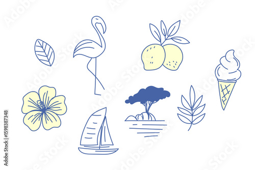 Doodle Tropical Exotic Fruit, Flamingo Bird and Ice Cream Outline Contour Icon Set. Funny Cute Decorative Simple Symbol Silhouette. Travel Resort Party Card Decoration.