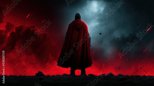 This iconic image features a heroic figure draped in a flowing red cape, standing resolute amidst a rocky landscape under a dramatic sky, symbolizing resilience and the unwavering spirit in the face 