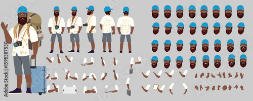 Traveler character model sheet, Character poses, expressions, Walk cycle, Run cycle animated character sequences.