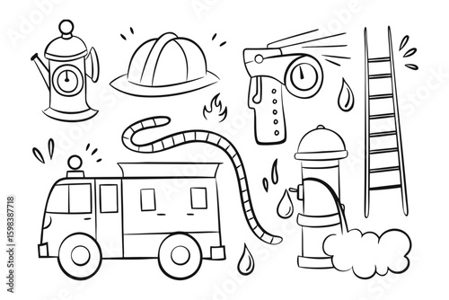 Fire Safety Icons: An illustrated composition of essential fire safety icons. The set includes a firetruck, hydrant, helmet, hose, water, drops, extinguisher, and ladder, all rendered in a clean.