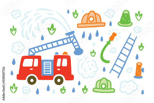 Fire Truck and Essentials: A charming illustrative scene showcases a red fire truck, along with essential firefighting equipment set against a playful, doodle-style backdrop.