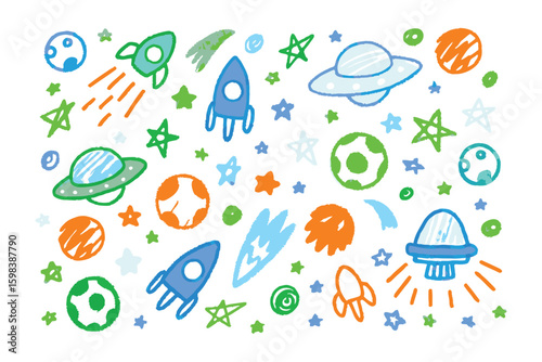 Space doodle pattern: Whimsical doodles of rockets, planets, stars and UFOs create a vibrant, playful, and fun space pattern, evoking childhood wonder.