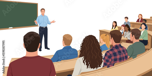 Professor lecturing to attentive students in a brightly lit university lecture hall