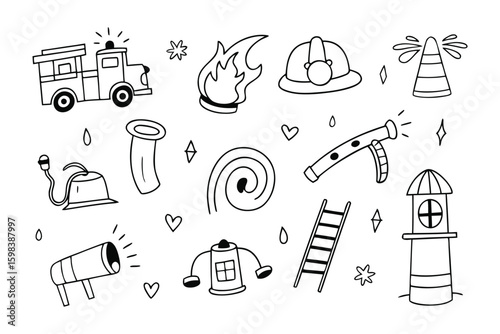 Firefighter Doodle: A collection of hand-drawn illustrations captures the essence of firefighting, showcasing a truck, flame, helmet, hydrant, and other vital tools and symbols. 