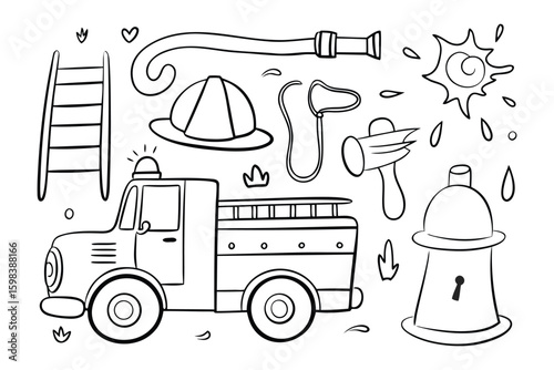 Firefighter's Arsenal: An outline illustration showcases essential firefighting tools and equipment, including a fire truck, helmet, hose, ladder, and other tools for extinguishing fires.
