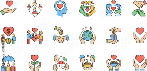 Diverse icons illustrating acts of kindness generosity and human connection