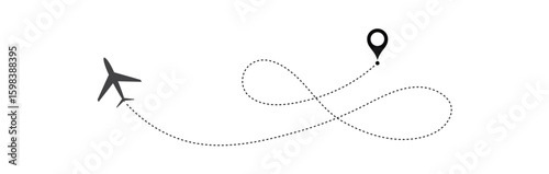 air plane flight route with start point and dash line trace. Various aircraft and destination location pins icons. Aircraft tracking, planes, travel, map
