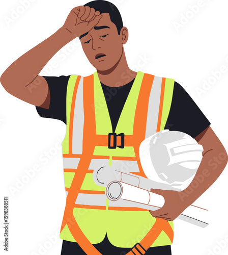Construction worker wipes sweat from forehead feeling exhausted and overwhelmed on job