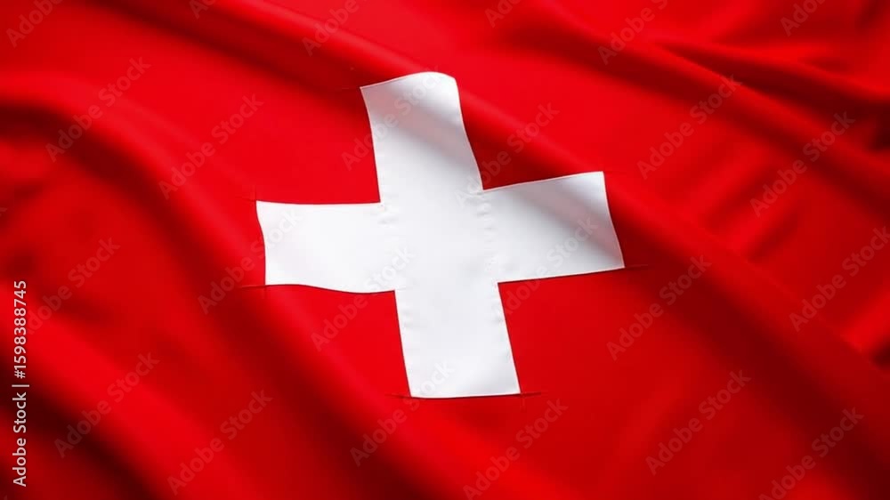 A vibrant image of the swiss flag featuring a white cross on a red background with fabric texture	