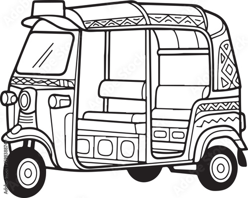 Black and white drawing of a tuk with decorative patterns auto rickshaw transportation