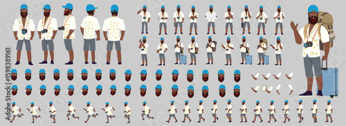 Traveler character model sheet, Character poses, expressions, Walk cycle, Run cycle animated character sequences.