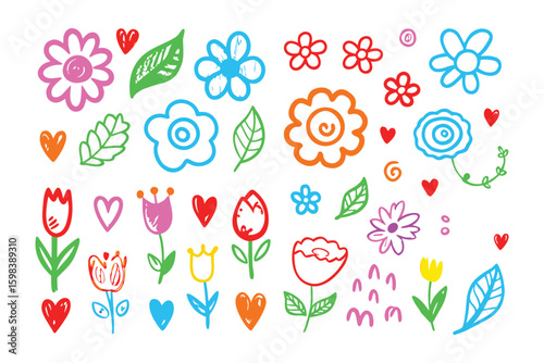 Whimsical Floral Collection: A vibrant ensemble of hand-drawn flowers, leaves, and hearts, radiating joy and evoking a sense of innocence and playfulness.