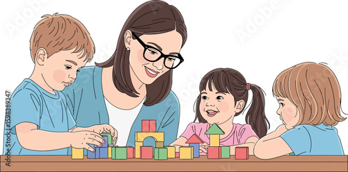 Teacher and children happily building with colorful wooden blocks at a table