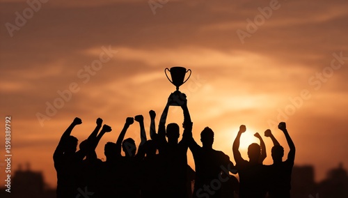Celebrating Victory with a Trophy in Silhouette