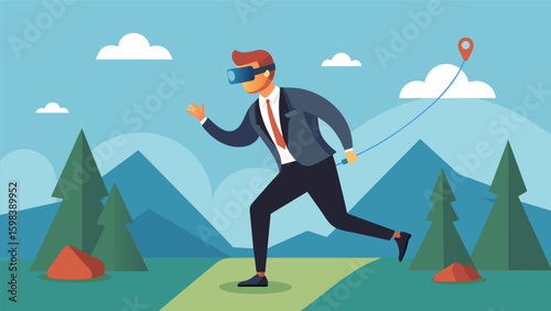 A man in a suit using VR to simulate a hiking trail tracking his steps and challenging himself to increase his distance during his lunch break at. Vector illustration