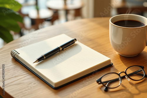 A warm cup of coffee sits beside a blank notebook, pen, and eyeglasses on a wooden table in a softly lit cafe setting.
