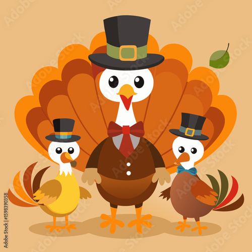 Three festive cartoon turkeys dressed in formal attire and top hats celebrating thanksgiving