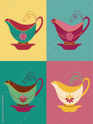 Four retro gravy boats with flower designs in a pop art style