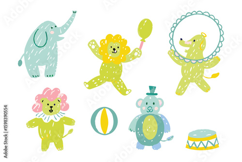 Circus Animals in Playful Delight: A vibrant illustration captures the essence of a whimsical circus, with charming animals engaging in playful acts. From the majestic elephant to the agile bear.