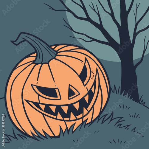 Illustration of a spooky halloween pumpkin with a crescent moon and bare tree branches in the background