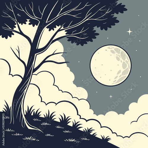 Cuadro en lienzo Illustration of a night scene with a large moon, a tree, clouds, stars, and ever