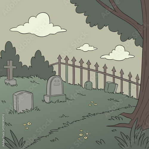 A graveyard scene with tombstones, trees, and a wrought iron fence under an overcast sky illustration