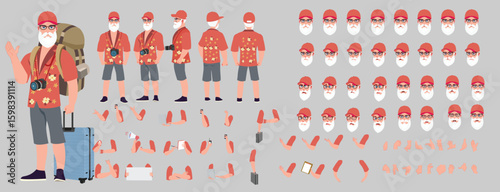 Traveler character model sheet, Character poses, expressions, Walk cycle, Run cycle animated character sequences.