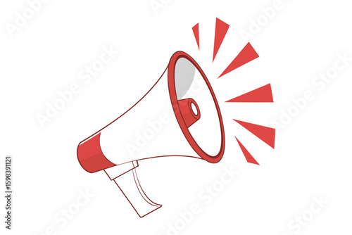 Hand drawn illustration of a red and white megaphone projecting sound waves isolated on white background silhouette