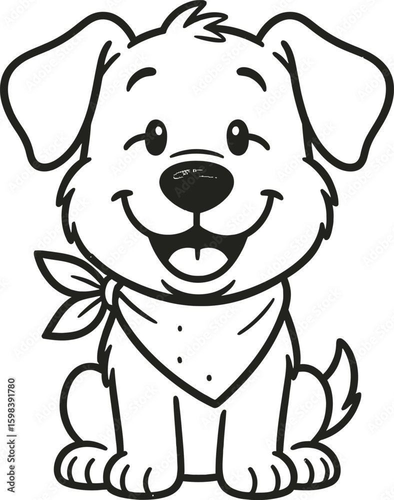 Obraz premium Joyful Cartoon Dog Sitting with Bandana, Cute Illustration, Happy Environment, Friendly Viewpoint
