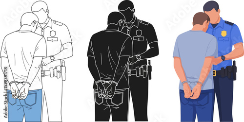 Police officer arresting suspect with hands cuffed behind back