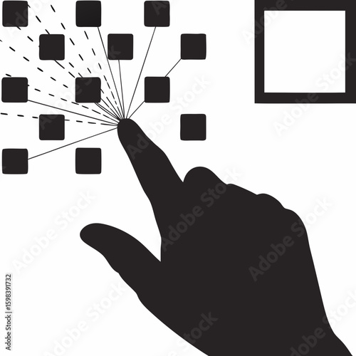 Digital touch concept black hand touching connected squares with transparency