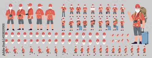 Traveler character model sheet, Character poses, expressions, Walk cycle, Run cycle animated character sequences.