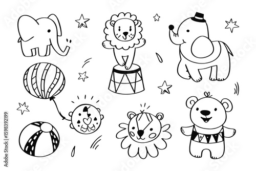 Whimsical Circus Animals: Delightful line art illustration featuring a collection of adorable circus animals, evoking the playful charm of the circus. 