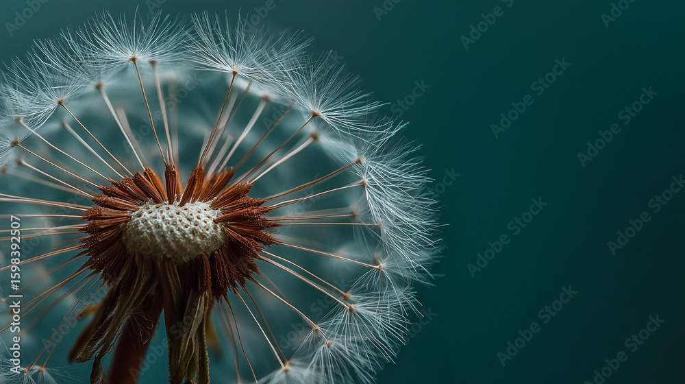 Obraz premium Closeup of Dandelion Seed Head with White and Brown Details Against Green Background 