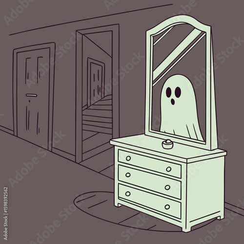 A spooky ghost appears in the mirror above a dresser in a hallway with doors and stairs visible